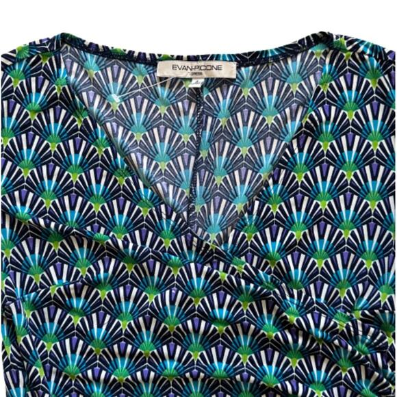 Evan Picone Dress Teal Green Purple Print Short Sleeve Faux Wrap Ruched Size 4 - Picture 8 of 12